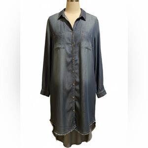 Akira Denim Tencel Button Up Shirt Dress With Frayed Hem Size Large